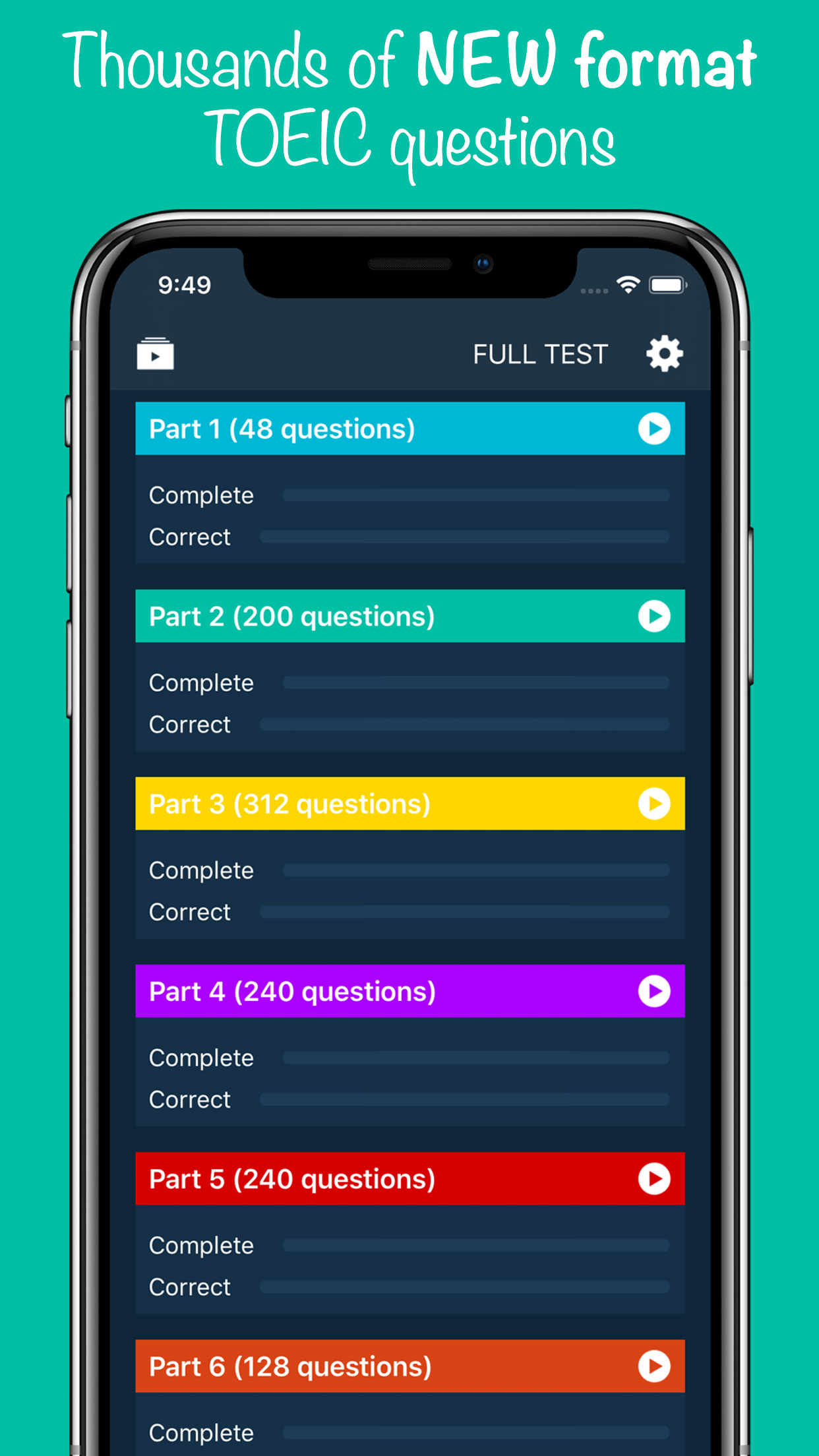 Practice test parts overview screenshot